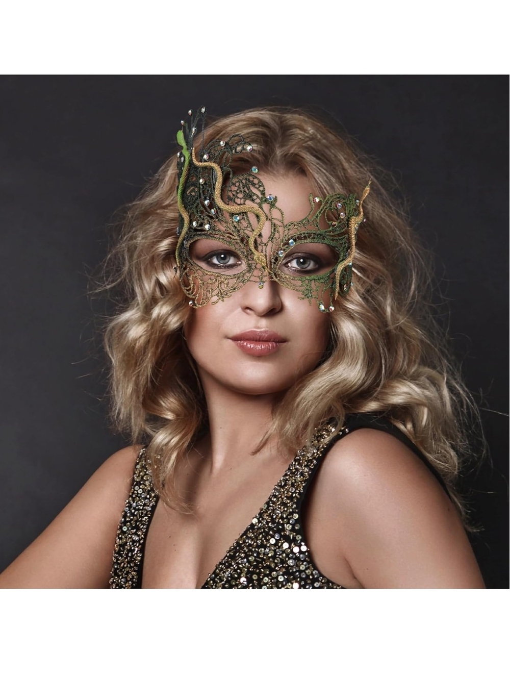 Green Snake Lace Masquerade Eye Mask with Rhinestones - Picture 2 of 4